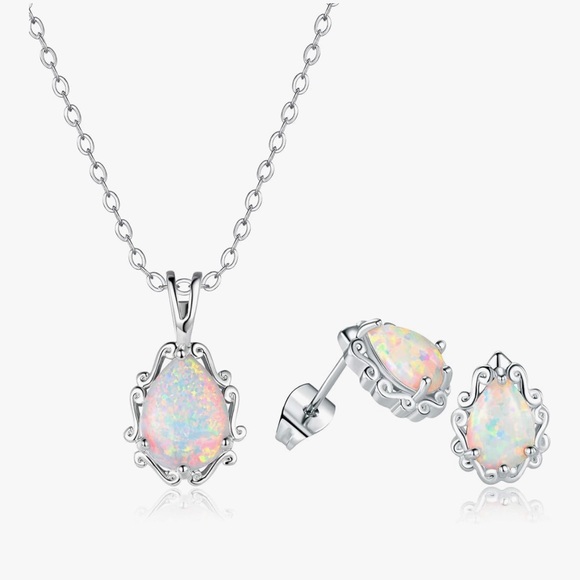 14k Gold Plated White Gold Opal Halo Pendant Necklace and Stud Earrings Set - Picture 1 of 6